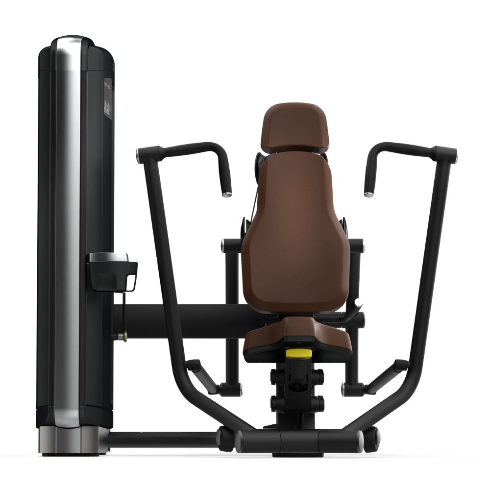 Преден изглед на селекторизирана машина за сила Intenza Chest Press Dezign Line на бела позадина