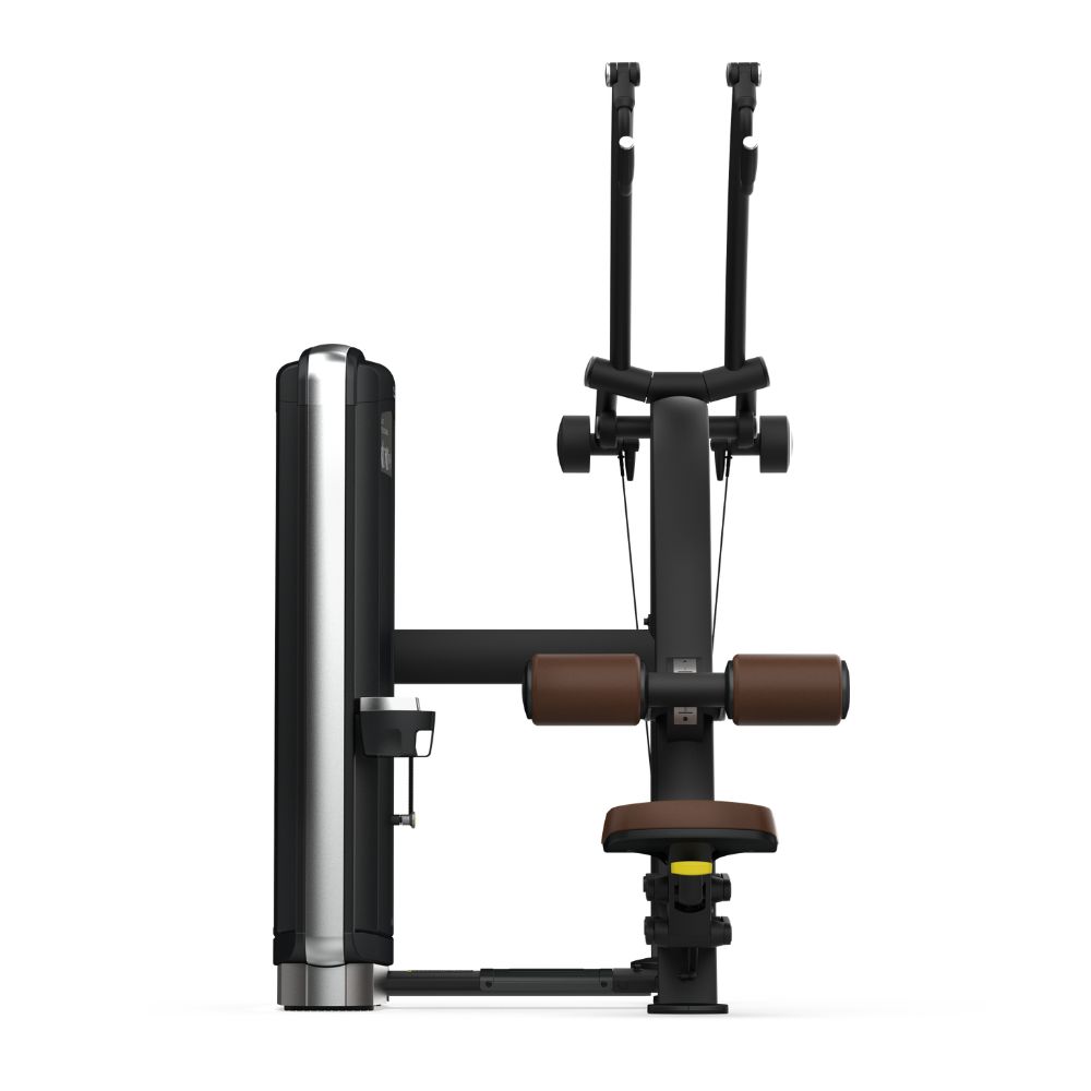 Front view of Intenza Lat Pulldown Dezign Line Strength Selectorized machine on white background