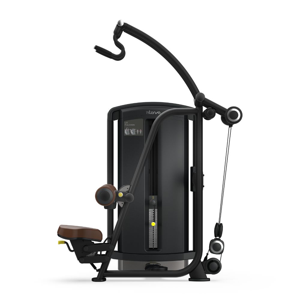 Side view of Intenza Lat Pulldown Dezign Line Strength Selectorized machine on white background