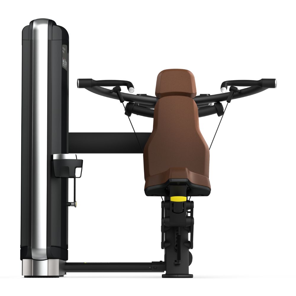 Преден изглед на селекторизирана машина за сила Intenza Shoulder Press Dezign Line на бела позадина