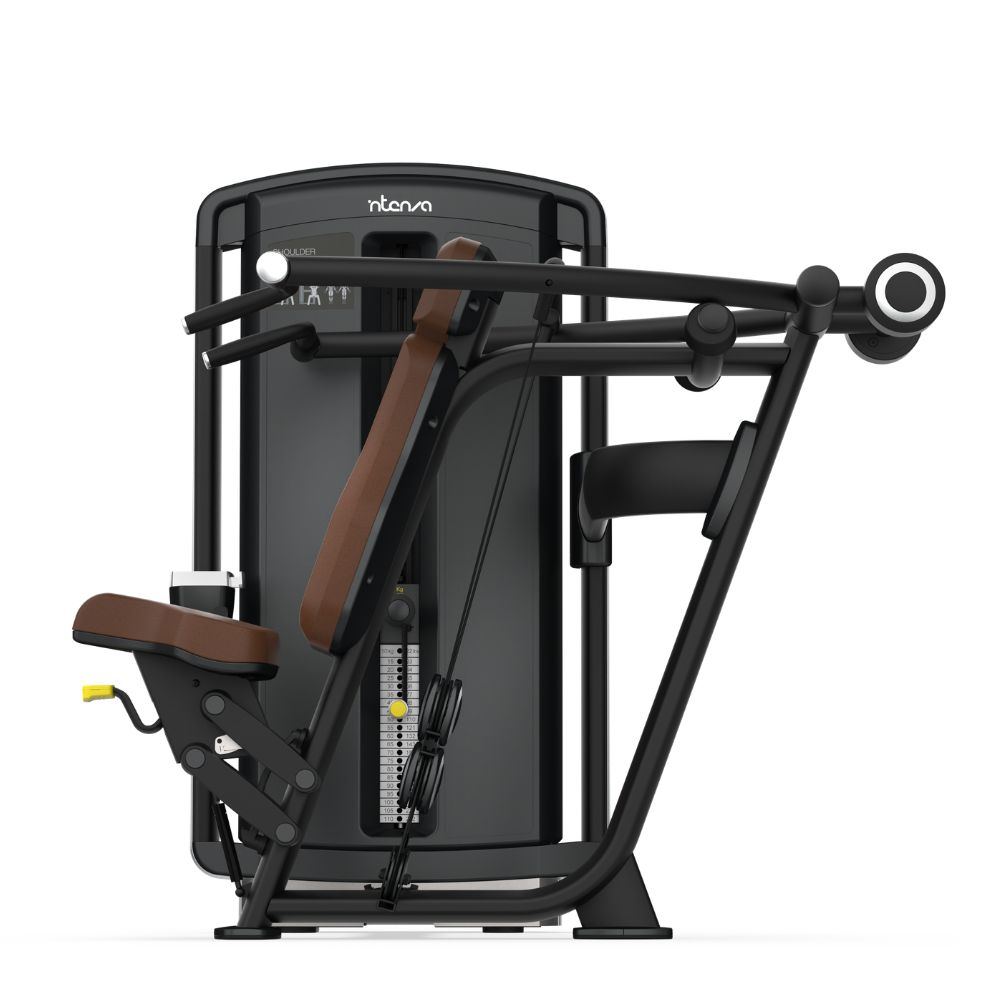 Страничен изглед на селекторизирана машина за сила Intenza Shoulder Press Dezign Line на бела позадина