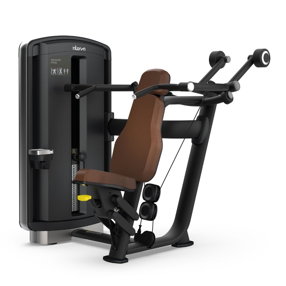 Селекторизирана машина за сила Intenza Shoulder Press Dezign Line на бела позадина