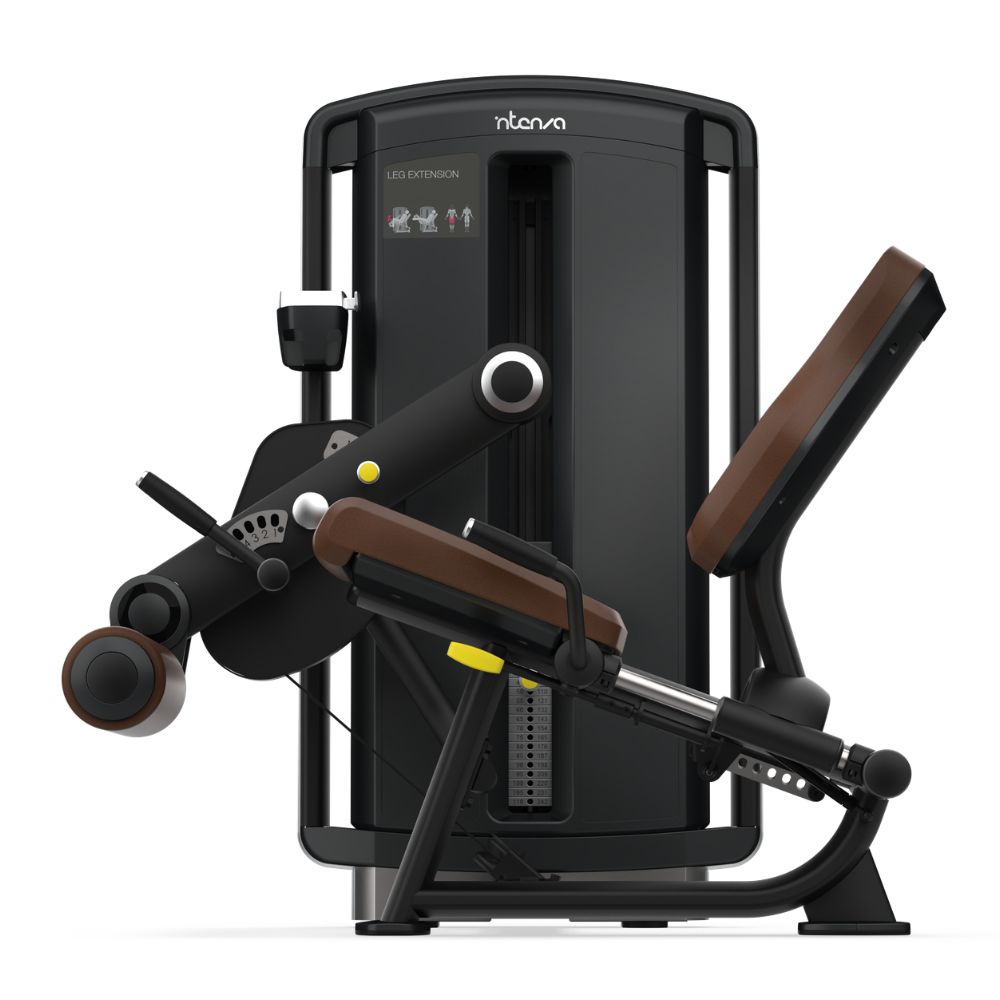 Side view of Intenza Leg Extension Dezign Line Strength Selectorized machine on white background