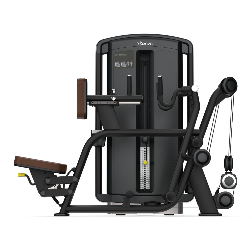 Side view of Intenza Seated Row Dezign Line Strength Selectorized machine on white background