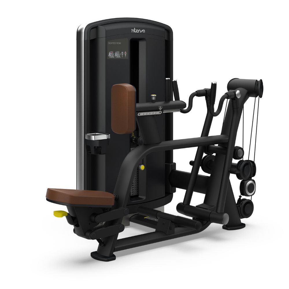 Intenza Seated Row Dezign line fitness machine on white background