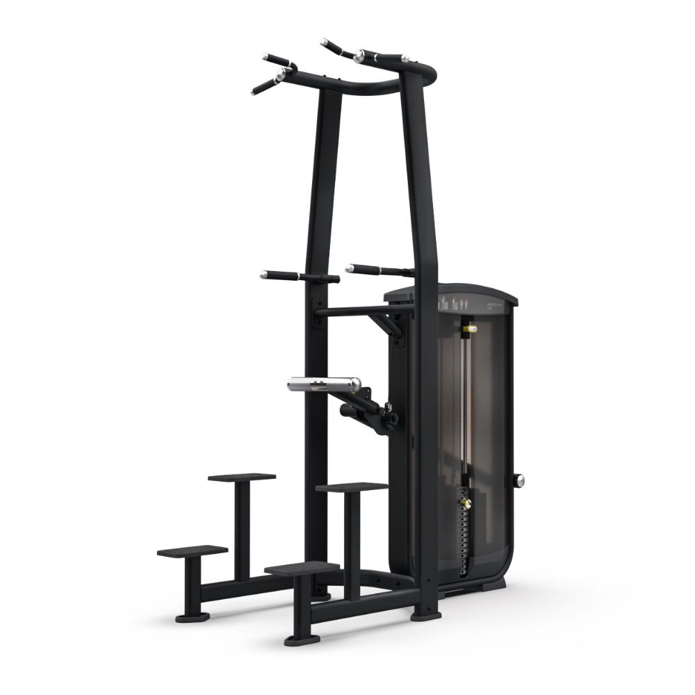 Страничен изглед на силова селекторна машина Intenza Weight Assisted Chin Up/Dip Ease Line на бял фон