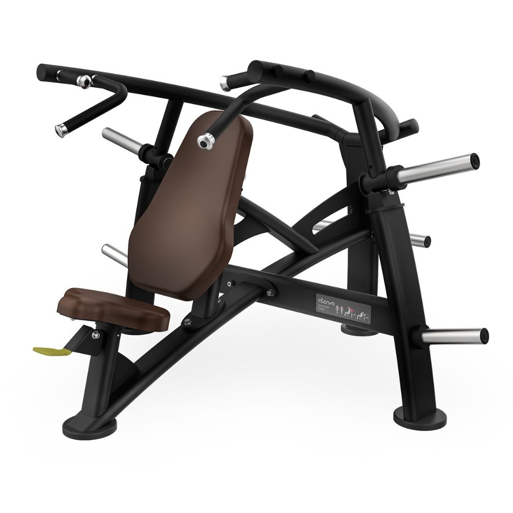 Diagonal view of Intenza Shoulder Press Uplift Line plate-loaded strength machine on a white background
