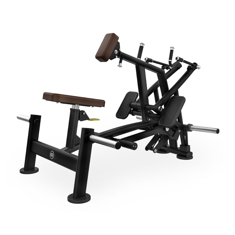 Diagonal view of Intenza Seated Row Uplift Line plate-loaded strength machine on a white background