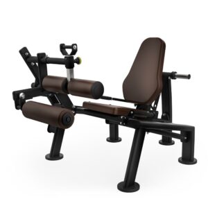 Дијагонален изглед на машина за сила со дискови тежини Intenza Seated Leg Curl Uplift Line на бела позадина
