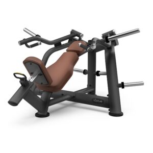 Диагонален изглед на силова машина с дискови тежести Intenza Incline Chest Press Zone Line на бял фон.