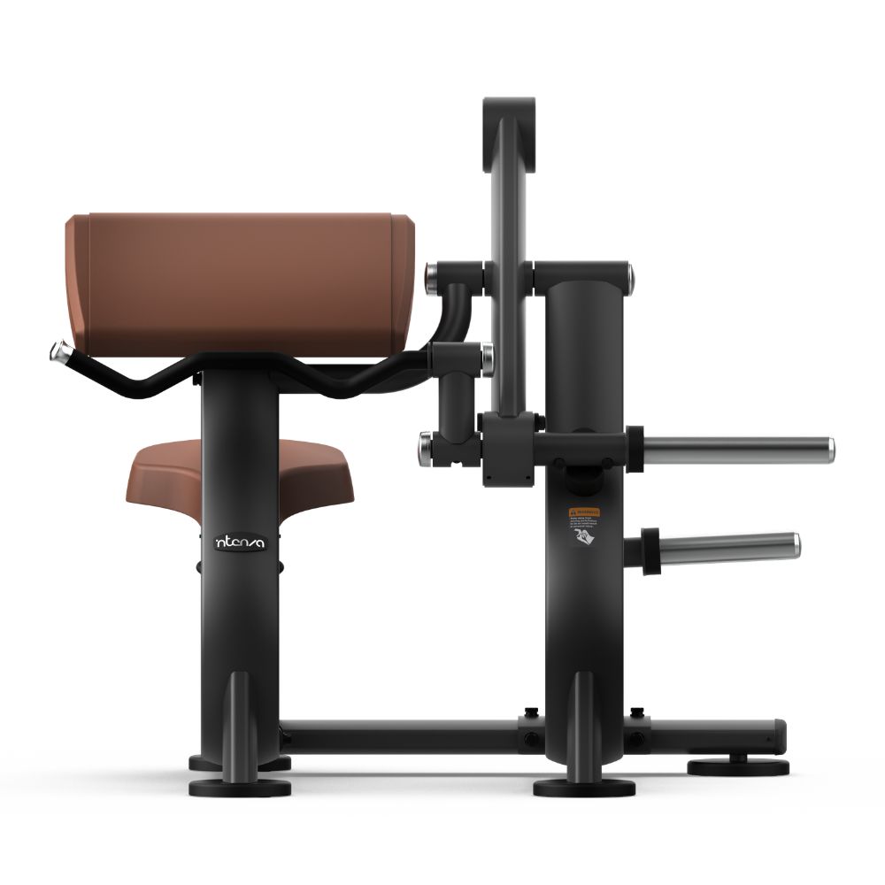 Front view of Intenza Biceps Curl Zone Line plate-loaded strength machine on a white background