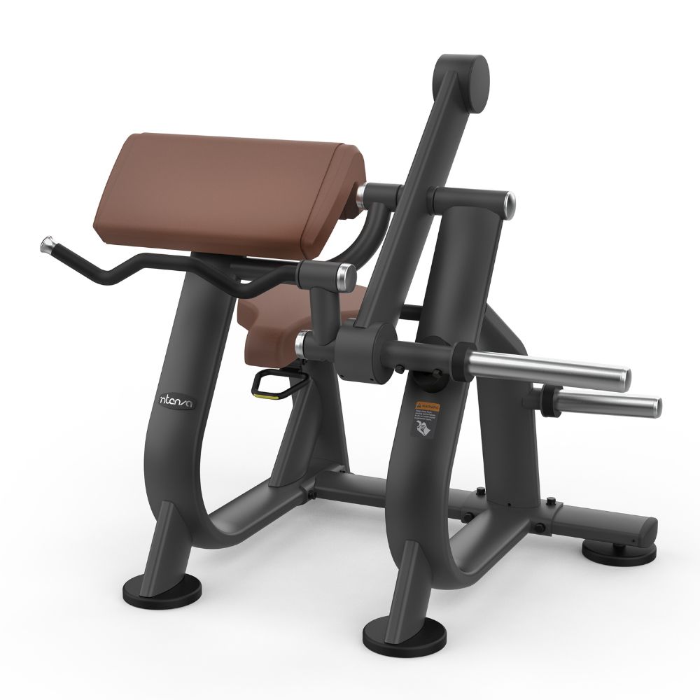 Diagonal view of Intenza Biceps Curl Zone Line plate-loaded strength machine on a white background