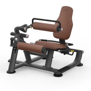 Дијагонален изглед на машина за сила со дискови тежини Intenza Seated Leg Curl Zone Line на бела позадина