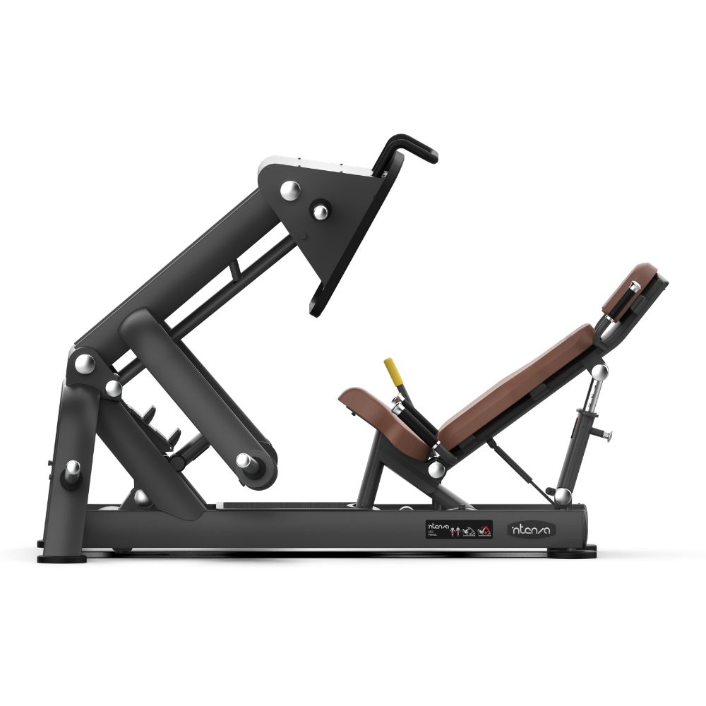 Страничен изглед на машина за сила со дискови тежини Intenza Leg Press Zone Line на бела позадина