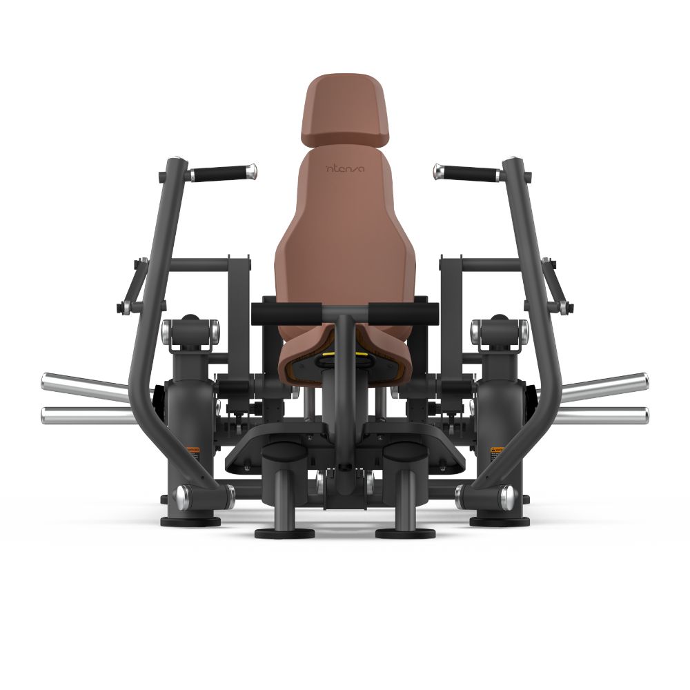 Prednji prikaz sprave za trening snage sa tegovima u pločama Intenza Decline Chest Press Zone Line na beloj pozadini