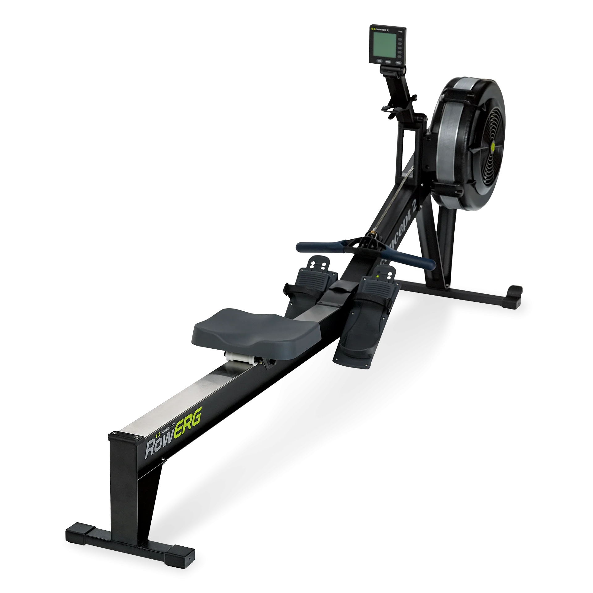 Backside diagonal view of the rowing machine Concept2 RowERG on white background