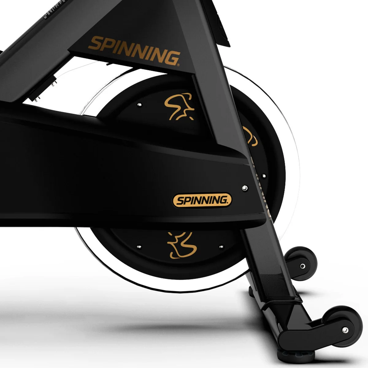 Close view of the flywheel of Spinning Spinner Pro bike on white background